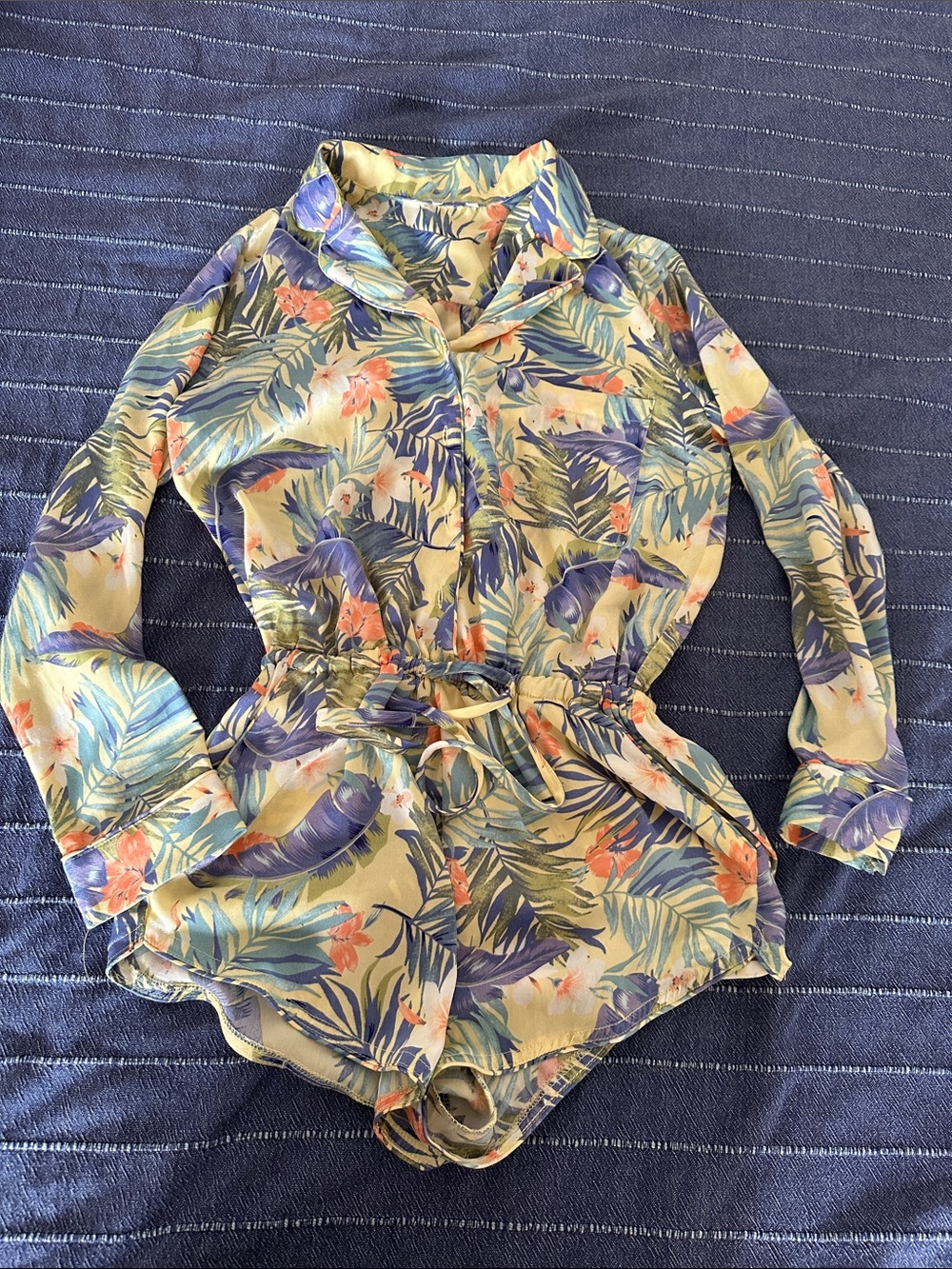 Floral Tropical Print Long-Sleeve Romper in Yellow and Blue